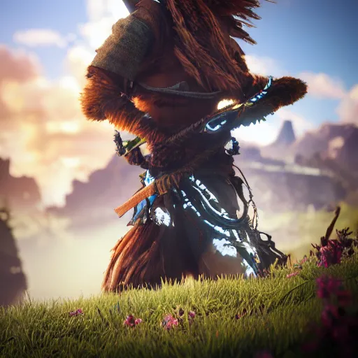 Image similar to Aloy (Horizon Zero Dawn), octane render