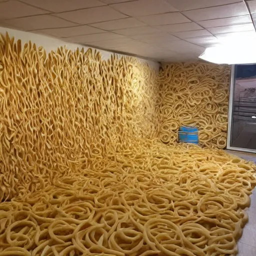 Prompt: a room made entirely of pasta, very detailed