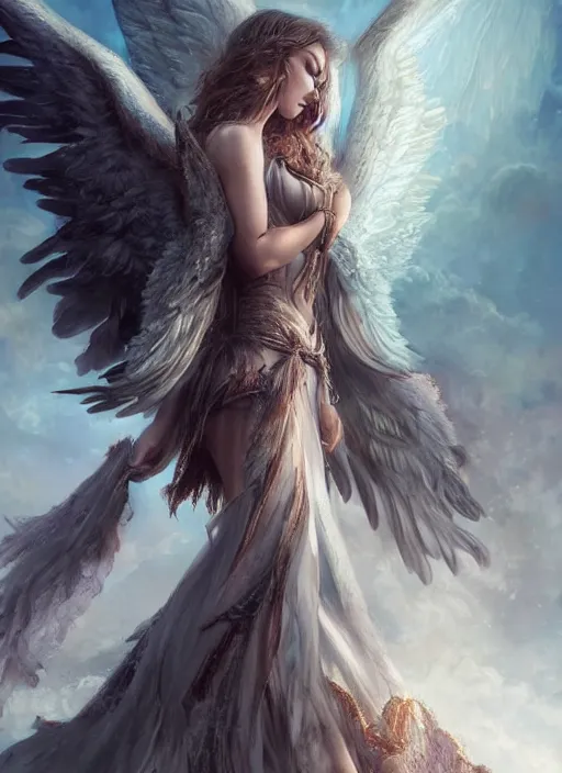 Image similar to a beautiful woman archangel big wings, full body, 8 k, hyperrealistic, hyperdetailed, beautiful face, long hair, dark fantasy, fantasy portrait by laura sava