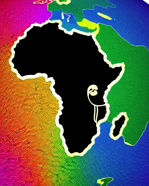 Image similar to a extremely ultra highly detailed hi - res ultra highly detailed colorful logo of africa black backround, zoom out, 8 k, high textures, ultra hyper sharp, insanely detailed and intricate, super detailed, 3 d render, 8 k hdr ultra high quality polygon digital art,