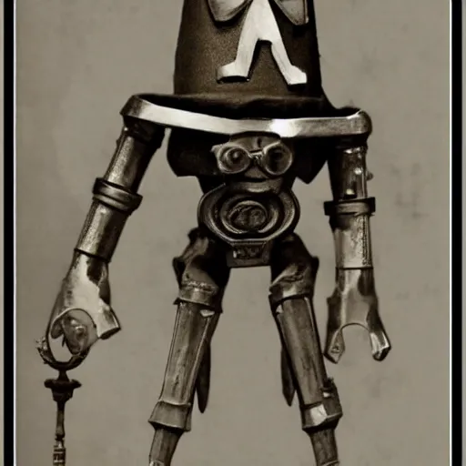 Image similar to a dnd gnome warforged, head in a tank, mechanical spider legs, steam punk style, 1920s photograph