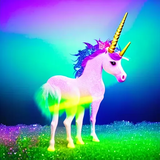 Prompt: an ultra high definition pastel coloured wildlife photograph of a magic unicorn with a glittery magic horn eating an ice cream in a magical field. refraction, volumetric lighting iridescence.