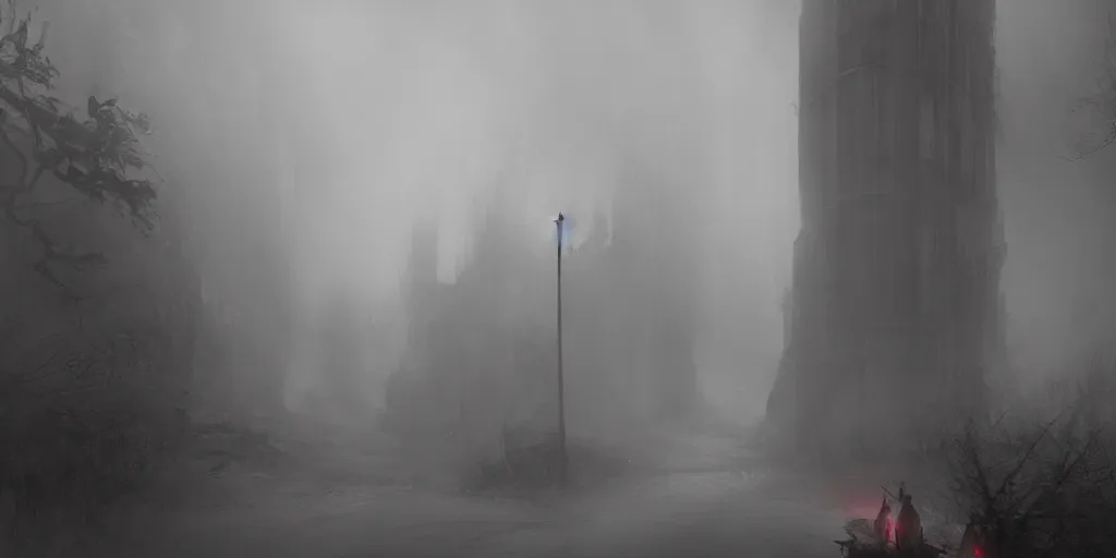 Prompt: fantasy depiction of the realm of shadows shrouded by mist trails leading to a red door, low saturation, high contrast, mostly greyscale, eerie disturbing lighting, in the style of marcin rubinkowski, greg rutkowski, lorenzo lanfranconi, oleg zherebin, trending on artstation