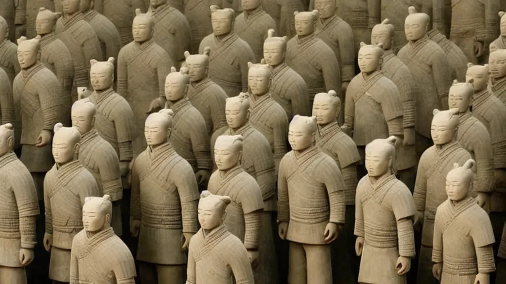 Image similar to A terracotta army of David Byrne in big suits, vintage photograph