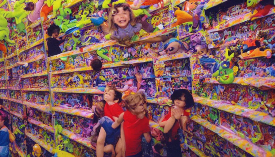 Prompt: 1990s photo of inside the Nickelodeon Blockbuster Gameboy Slime Show ride at Universal Studios in Orlando, Florida, children riding a VHS tape through a Blockbuster Kaybee toy store filled with beanie babies and a big Furby, cinematic, UHD