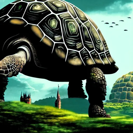 Image similar to giant tortoise walking with a large fantasy castle rising growing from the top of it, distant shot birds eye view, fantasy, hyper detailed, 4 k, howls moving castle, mortal engines,