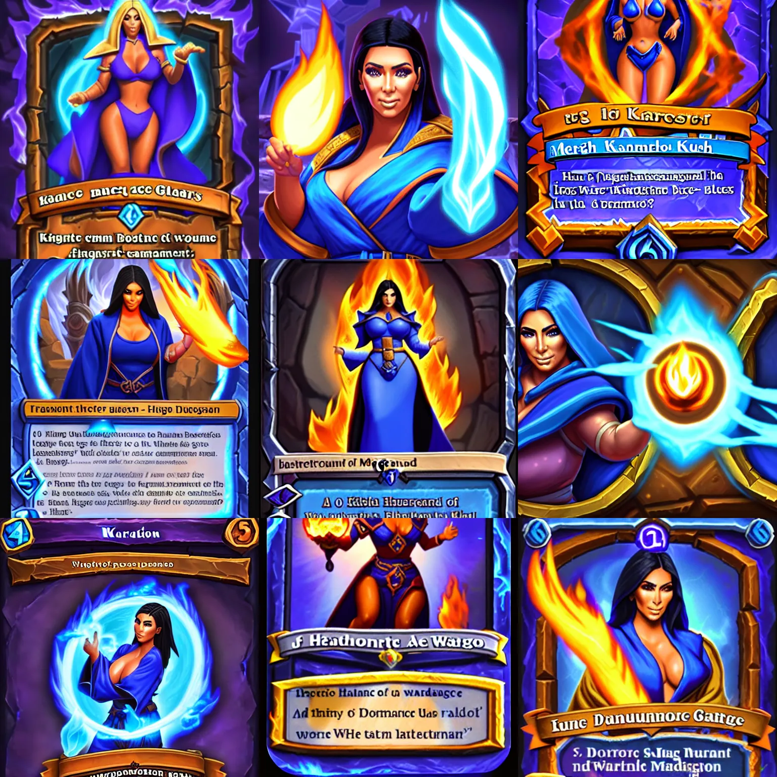 Prompt: Who : a mage with a blue robe casting a fire ball; Physical : Kim Kardashian exact same body ; IMPORTANT : Hearthstone official splash art, award winning, trending in category \'high details\'
