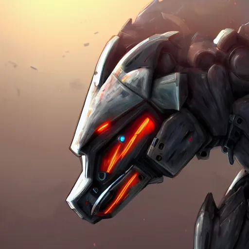 Image similar to cinematic shot, vorestation borg hound, medical mecha hound, taller than man, sharp armor, mecha maw, mawshot, visor eyes, detailed, furry art, digital art, warframe hound, furaffinity, deviantart, sofurry