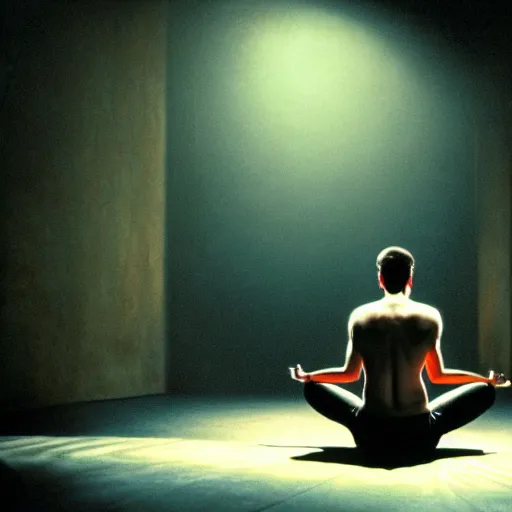 Image similar to movie scene of a man meditating, movie still, cinematic composition, cinematic light, criterion collection, reimagined by industrial light and magic, Movie by David Lynch and Ridley Scott