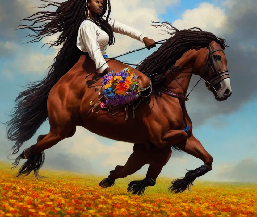 Image similar to full body portrait of young black woman riding a horse, flowing dreads, beautiful clydesdale, field of colorful flowers, highly detailed, digital painting, artstation, concept art, smooth, sharp focus, illustration, face by wlop, illustrated by mars ravelo and greg rutkowski