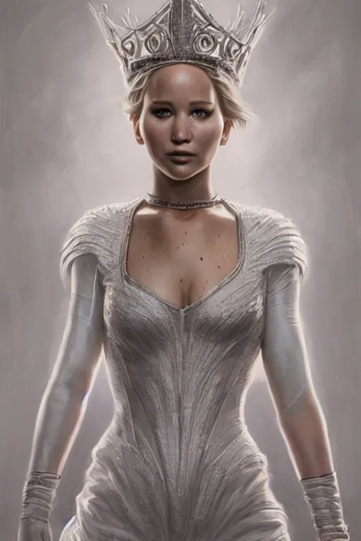 Image similar to Jennifer Lawrence as Queen wearing a White Outfit, anatomy, only two hands, highly detailed, digital painting, artstation, concept art, smooth, sharp focus, illustration, Unreal Engine 5, 8K, art by art by artgerm and greg rutkowski and edgar maxence