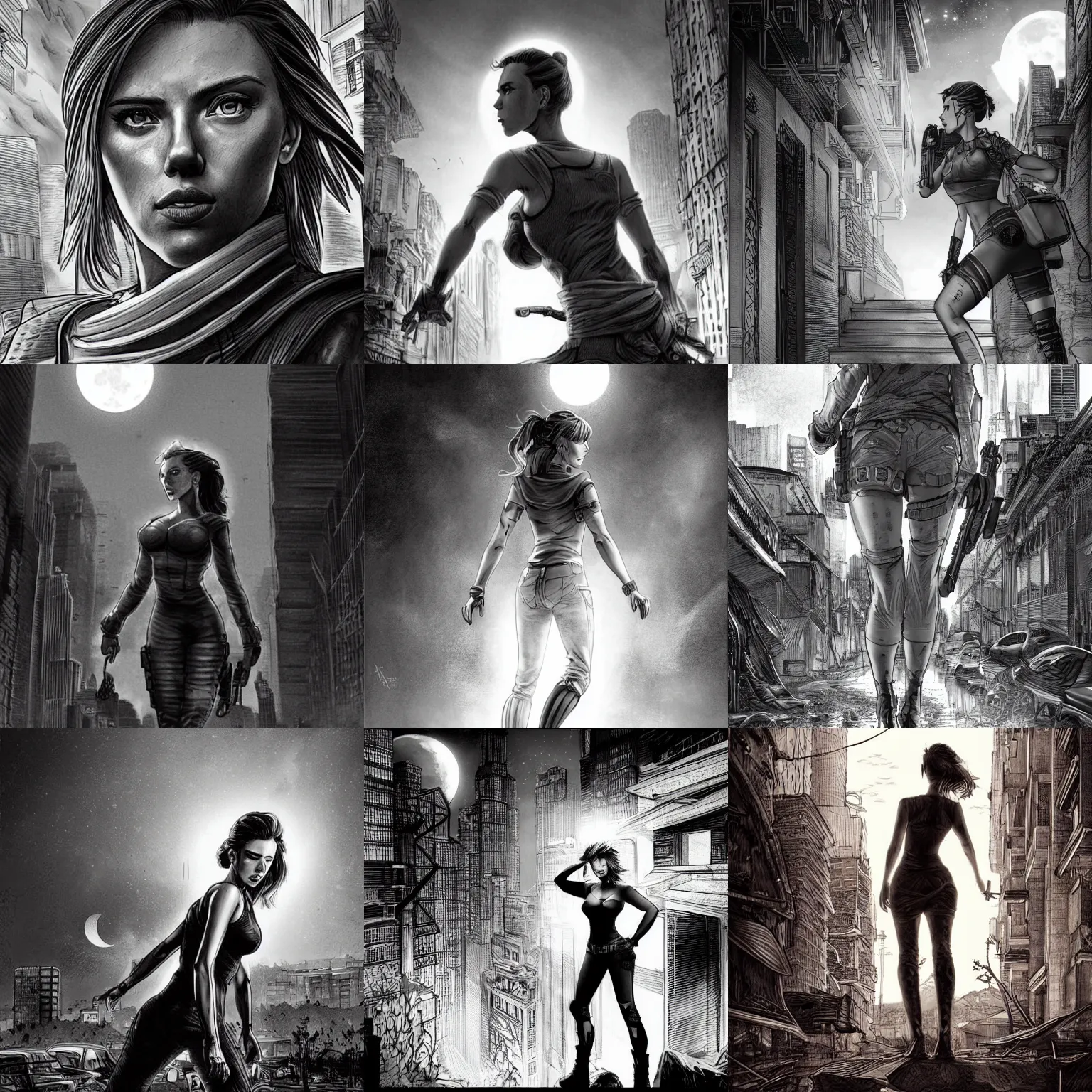 Prompt: realistic, elegant, intricate detail, looking towards camera, stoic pose, scarlett johansson, full body profile, dynamic wide angle lens, manga style, by rey bustos pencil and ink, full moon lighting, fully clothed, in a post apocalyptic city, dramatic lighting, super accurate human anatomy!!!