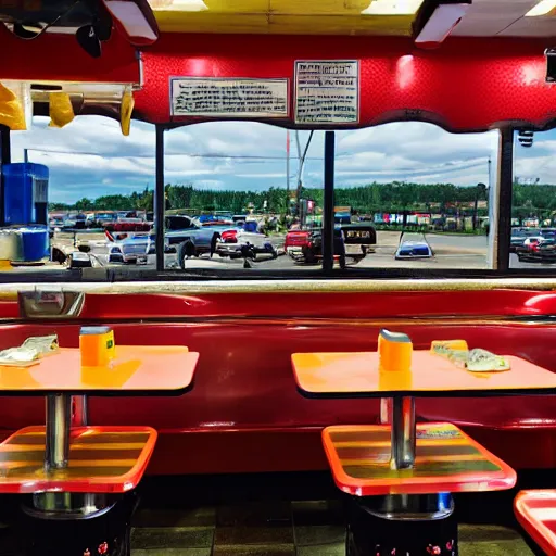 Image similar to trucks eating at a truck stop restaurant, photography, diner, food,