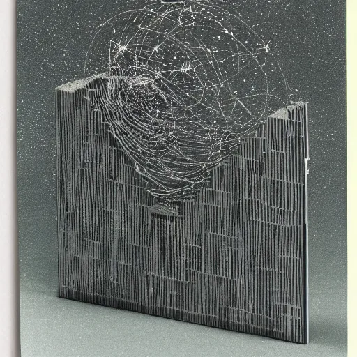 Prompt: A sculpture. A rip in spacetime. Did this device in her hand open a portal to another dimension or reality?! papercraft, field journal line art by Mordecai Ardon tumultuous, placid