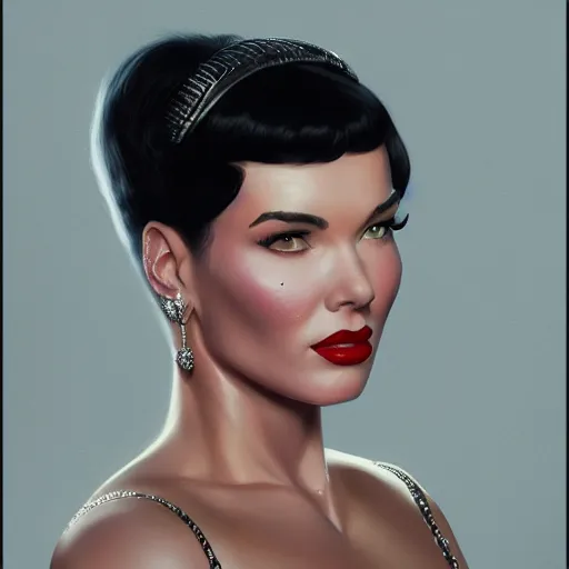 Image similar to portrait of gtav bettie page, intricate, elegant, glowing lights, highly detailed, digital painting, artstation, glamor pose, concept art, smooth, sharp focus, illustration, art by artgerm and greg rutkowski, artey freytag