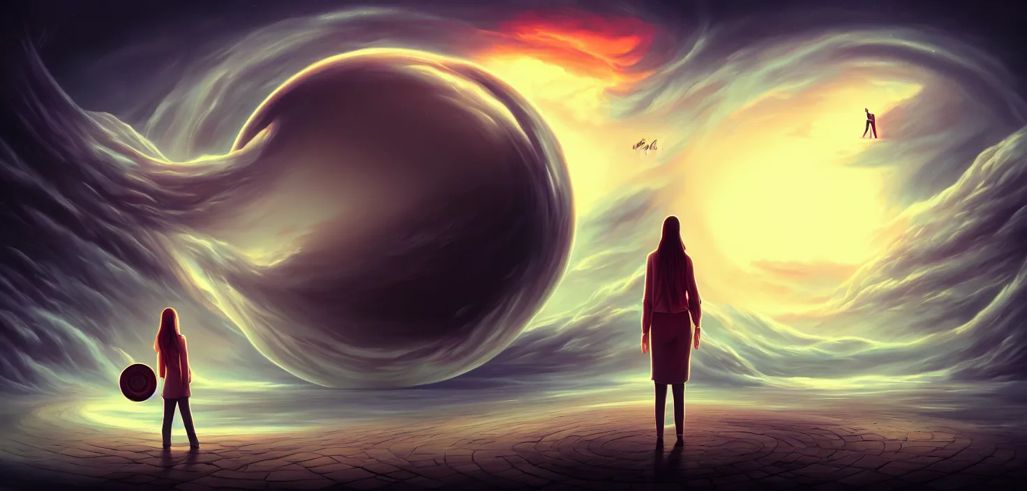 Image similar to a person standing in front of a large circular object, an album cover by cyril rolando, deviantart, magic realism, photoillustration, apocalypse art, matte drawing