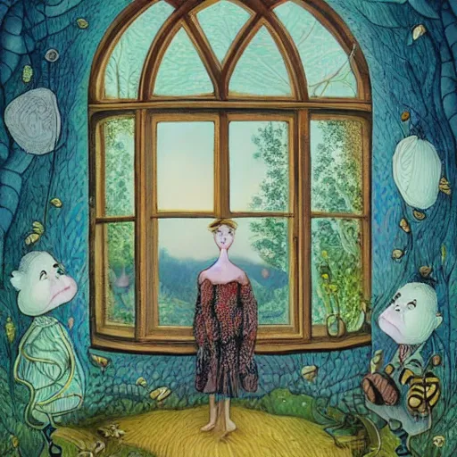 Prompt: a portrait of a woman standing infront of a window, she is happy and has lovely hair and eyes, a man is standing behind her with a look of suprise in his face, 🪴🌳🐝, 8 k, lowbrow, in the style of daniel merriam and alexander jansson,