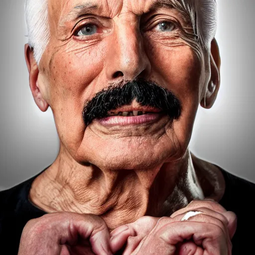 Image similar to old freddie mercury singer at age 9 0 years old, color ( sony a 7 r iv, symmetric balance, polarizing filter, photolab, lightroom, 4 k, dolby vision, photography award ), vogue, perfect face, movie poster