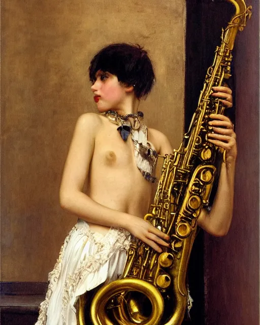 Image similar to Punk girl playing saxophone by Mario Testino, oil painting by Lawrence Alma-Tadema