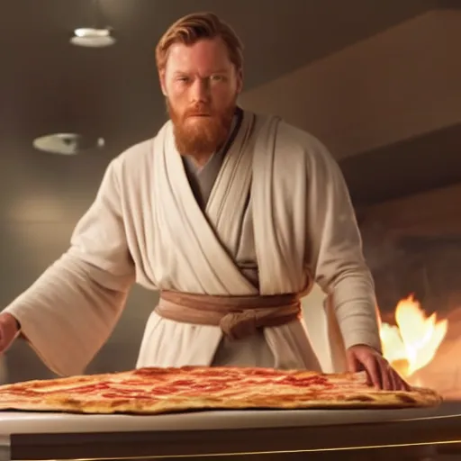 Image similar to A still of Obi-Wan Kenobi making a pizza, 4k, photograph, ultra realistic, highly detailed, professional lighting