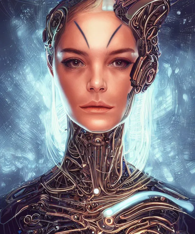 Image similar to a woman turning into an Android portrait wearing a part cybernetic body, surrealism , scifi, intricate, elegant, sharp eyebrows, ornate long flowing blonde hair, highly detailed cybernetic body, neon glowing eyes, digital painting, artstation, concept art, smooth, sharp focus, illustration, art by Artgerm and moebius and Peter Mohrbacher