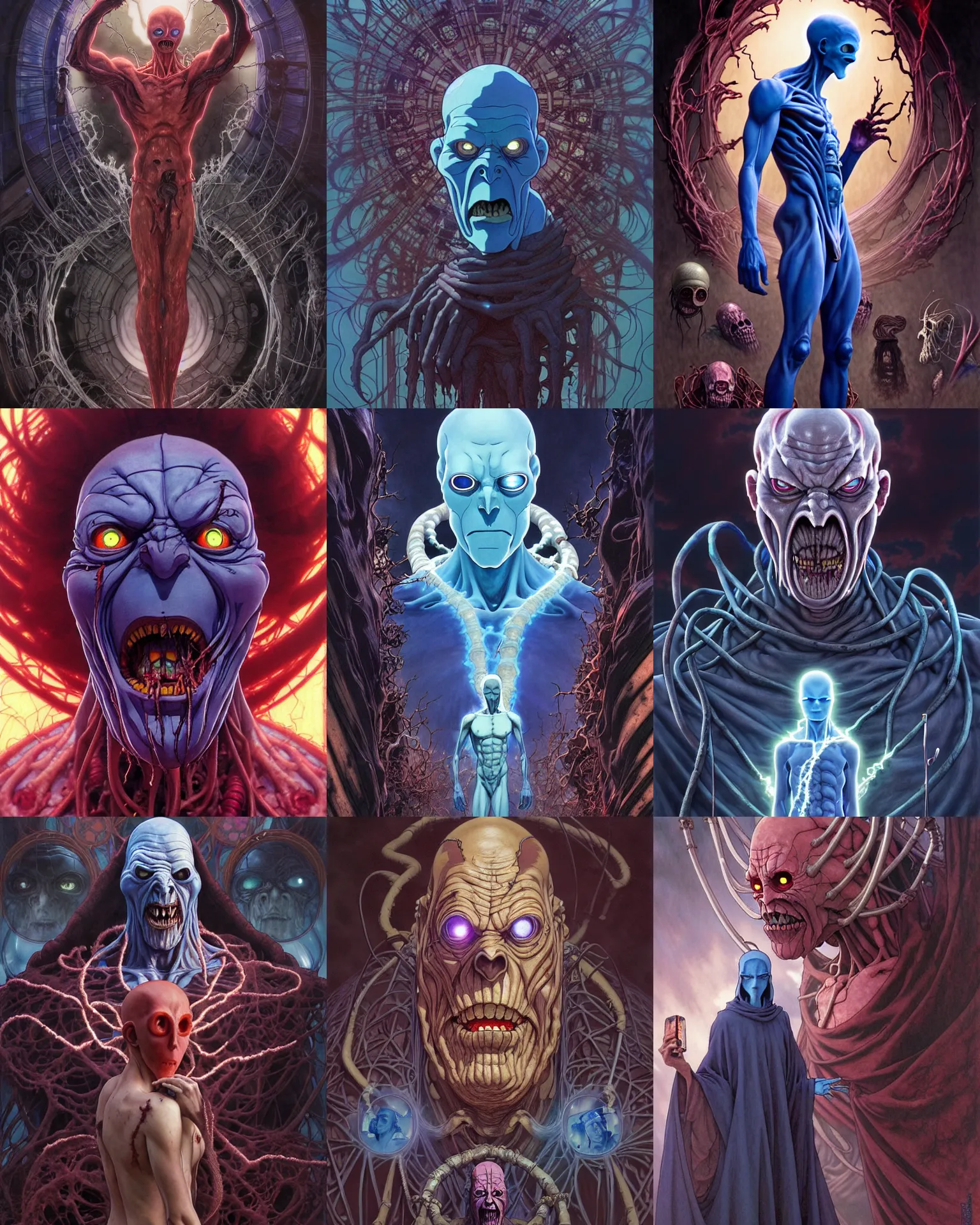 Prompt: the platonic ideal of spirited away of cletus kasady ultimate carnage thanos dementor doctor manhattan chtulu nazgul, detailed, intricate, hyperrealism, intense, scary, decay, dmt, art by brock hofer and artgerm and greg rutkowski and alphonse mucha