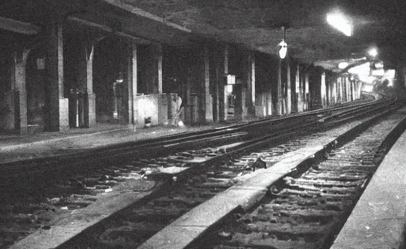 Image similar to old photo from 1 9 5 9. very large giant mutant antropomorphic rat staying on railways in round tonnel of moscow metropolitan. extreme high detail. low light, scary atmosphere, darkness