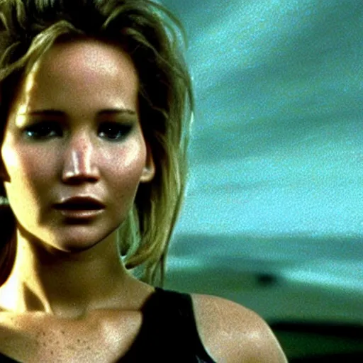 Image similar to movie still from independence day (1996), rendering of jennifer lawrence looking at an alien,