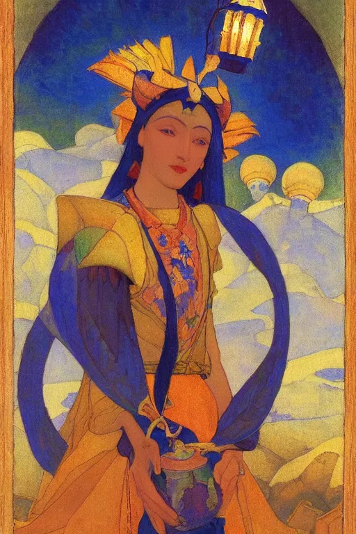 Image similar to queen of the dawn with her lantern and birds, by Nicholas Roerich and jean delville, elaborate headdress and embroidered velvet, iridescent beetles, rich color, dramatic cinematic lighting, extremely detailed