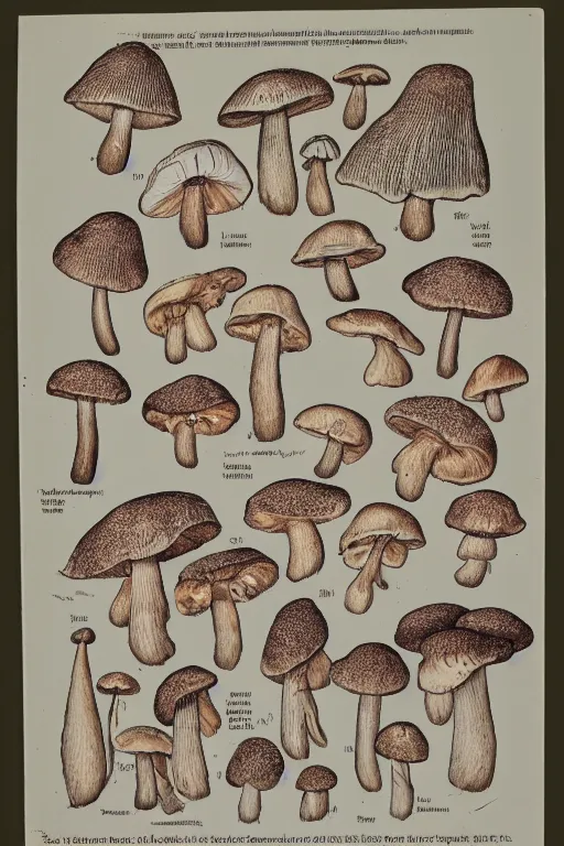 Prompt: scientific illustrated plate of mushroom anatomy