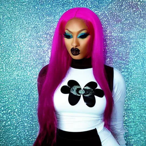 Image similar to Megan Thee Stallion wearing a goth high fashion designed by fashinova, wearing prominent alt inspired makeup, posing modestly for photoshoot, bright lighting, white background, standing pose, full body shots, beautiful detail on the outfit, hello kitty and sanrio keychains, early 2000s inspired, revolutionary