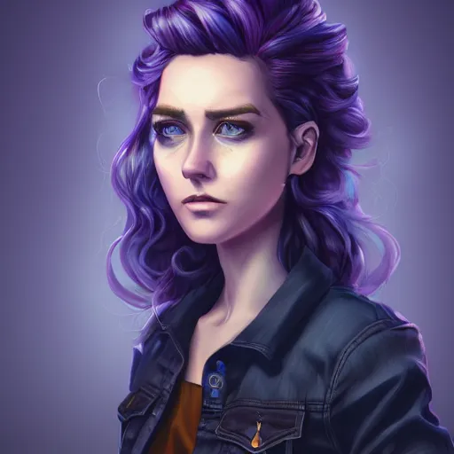 Prompt: an insanely detailed realistic depiction of beautiful abigail from stardew valley wearing black shirt under blue denim jacket, purple hair, hyperdetailed gorgeous blue eyes, in the style of peter mohrbacher, artgerm, dramatic lighting and composition, octane render, trending on artstation, concept art 8 k