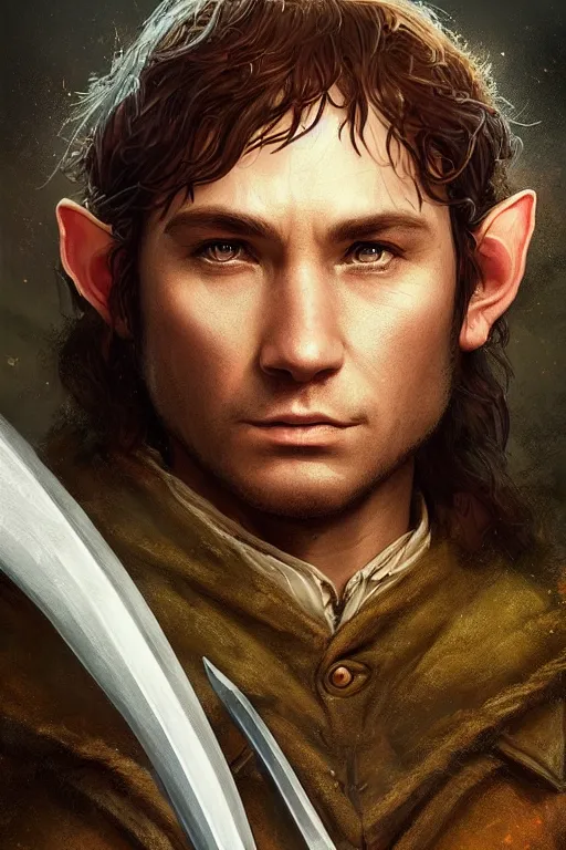 Prompt: A beautiful digital painting of a male hobbit ranger, symmetrical close-up portrait, intricate, cinematic lighting, highly detailed, digital painting, Artstation, concept art, smooth, sharp focus, illustration, art by Tom Bagshaw, Artgerm and Greg Rutkowski