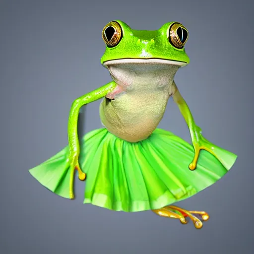 Prompt: fashion show with a upset smiling green tree frog dressed in a green skirt, photo realistic, matte image