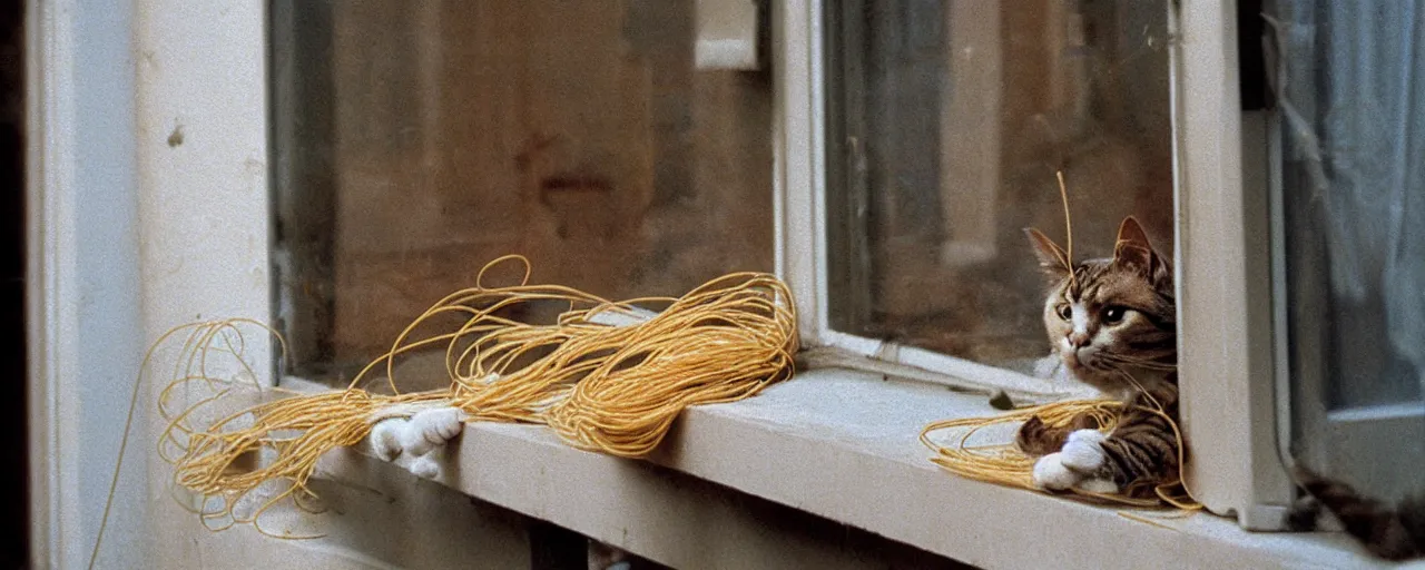 Image similar to only 1 cat playing with spaghetti on a windowsill, city apartment, small details, intricate, sharply focused, canon 5 0 mm, wes anderson film, kodachrome