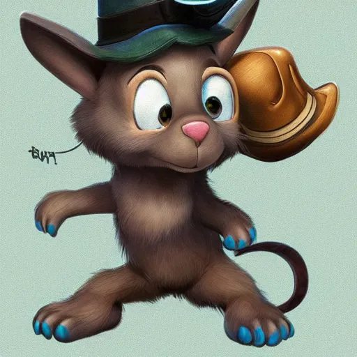 Image similar to very cute kid\'s film character rabbit, disney character concept artwork, 2d concept, detailed drawing, animal wearing a hat, high detail iconic character for 1997 film, trending on artstation, beautiful rendering, don bluth