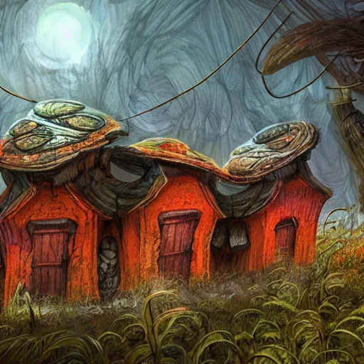 Image similar to psychedelic mushroom houses, post apocalyptic, dark fantasy, liminal space, dark paradise, digital art, 4 k