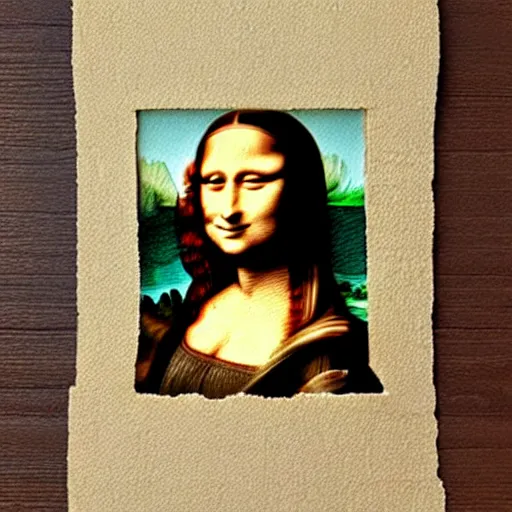 Prompt: a watercolor version of the mona lisa, textured paper on a wooden desk, top down view