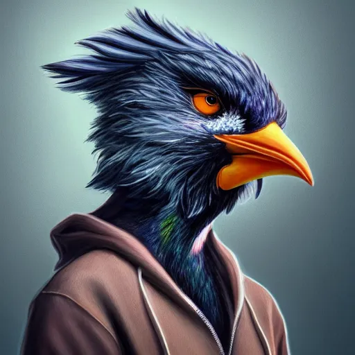 Prompt: front facing portrait. humanoid furry! anthro, anthro, anthro, avian, avian, avian!!! fursona, bird, bird, bird!!! digital art! trending on artstation! subject wearing hoodie and jeans!! subject is female!! female!!! big beak, big beak, big beak!!! blue feathers!! birdfolk!! owlkin!! Character design by charlie bowater, ross tran, artgerm, and makoto shinkai!!! detailed!!!