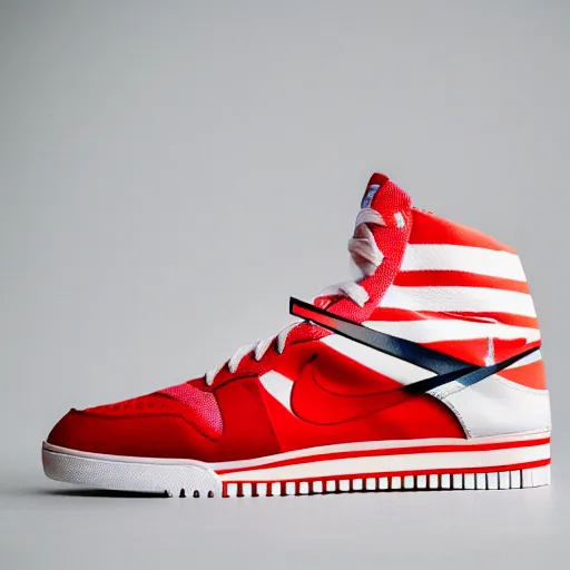 Image similar to a studio photoshoot of new Nike high top sneaker with red white wave stripes, designed by Virgil Abloh, leather and suede, Off-White, realistic, color film photography by Tlyer Mitchell, 35 mm, graflex