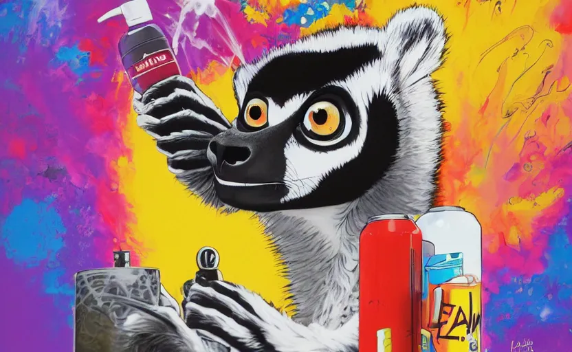 Image similar to a portrait of a lemur holding a can of spray paint and spraying design on a wall, digital painting masterpiece, painted by joji morikawa, by osamu tezuka, by yukito kishiro, by ikuto yamashita, 4 k wallpaper, beautiful, gorgeous