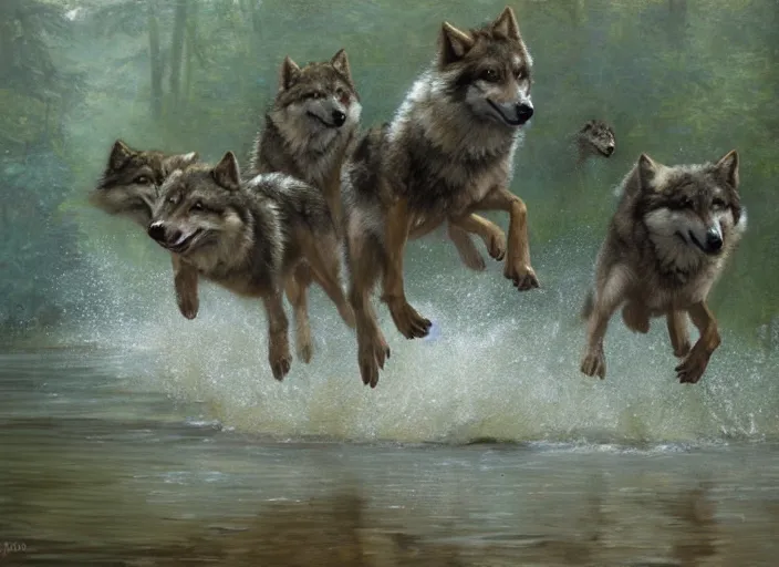 Image similar to a group of wild wolves jumping into a pool, oil painting by ralph maquarrie and james gurney, soft edges, subtle colours