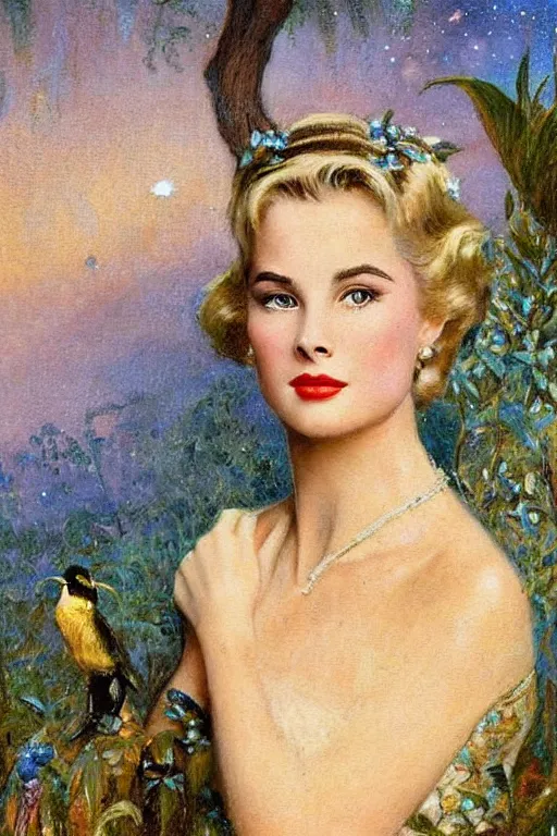 Prompt: A young Grace Kelly explaining the birds and the bees in the style of Gaston Bussière, art nouveau, art deco. Extremely lush detail. Night scene. Perfect composition and lighting. Award-winning mixed media photograph f1.8. Surreal architecture from the future. A shaft of moonlight illuminates her.