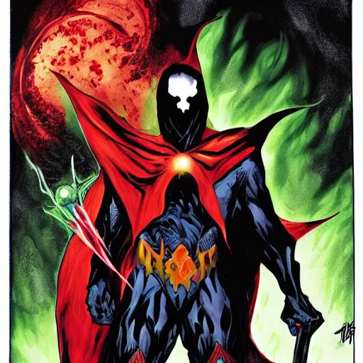 Image similar to David Tennant as spawn, full view, centered, concept art, illustration by  John Romita Jr.