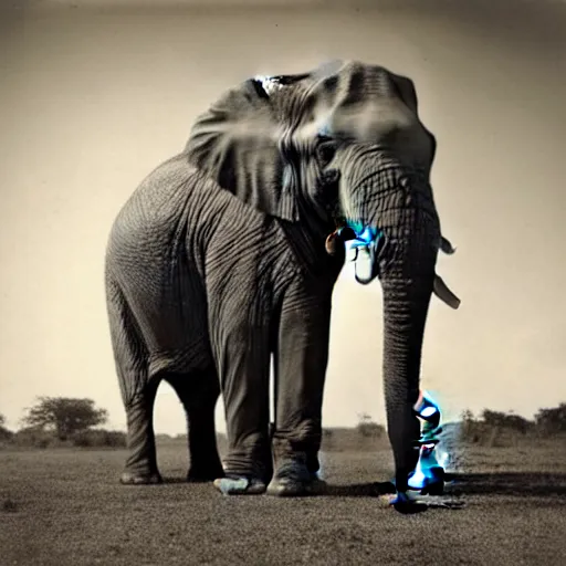 Prompt: a highly detailed photo by annie leibowitz of a small boy standing next to an elephant with an extremely long trunk