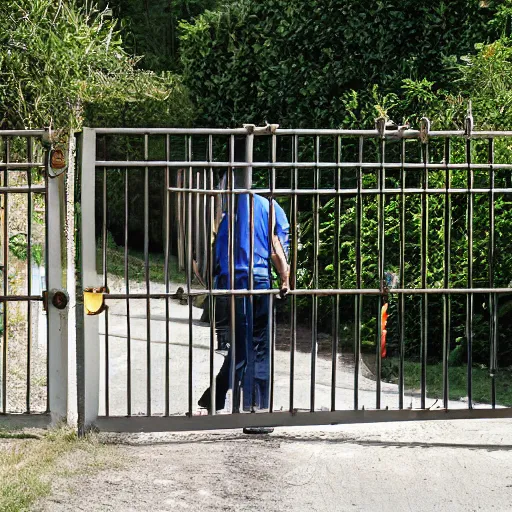 Prompt: a man entering through a gate with a sign that says 'No Trespassers'