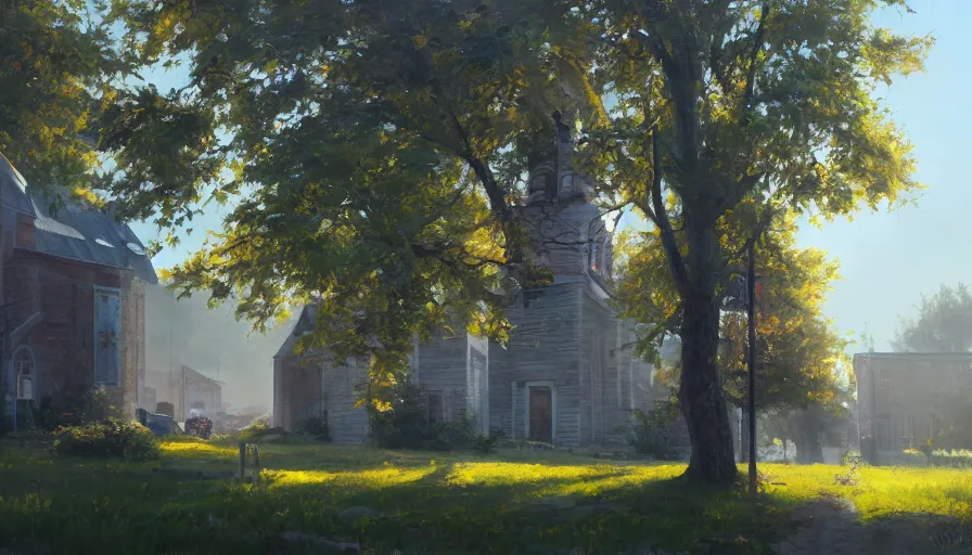 Image similar to oil painting, midwest town, sunny day, sun behind church tower, square, trees, volumetric light, hyperdetailed, artstation, cgsociety, 8 k