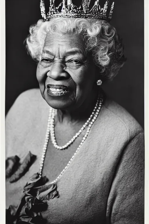 Image similar to a photograph of an elderly black lady with grey curly hair, wearing a crown and clothing of Queen Elizabeth the second, 50mm lens, portrait photography, taken by Robert Capa, studio lighting