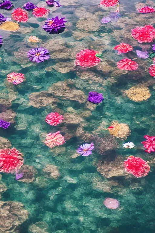 Image similar to flowers floating on crystal clear water