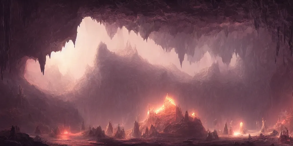 Image similar to fantasy matte painting of a cave with glowing crystals on the walls and piles of bones on the floor, fantasy, sharp focus, artstation